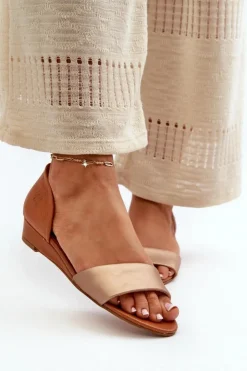 Maciejka Sandały Na Koturnie|Sandały Płaskie*Skórzane Sandały 1971-68 Brązowo-Złote Złoty