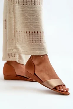 Maciejka Sandały Na Koturnie|Sandały Płaskie*Skórzane Sandały 1971-68 Brązowo-Złote Złoty