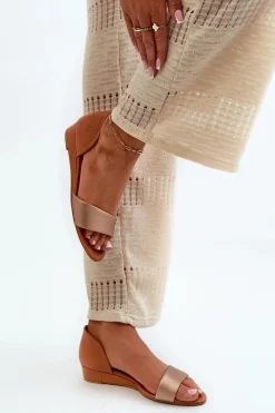 Maciejka Sandały Na Koturnie|Sandały Płaskie*Skórzane Sandały 1971-68 Brązowo-Złote Złoty