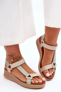 Damskie Maciejka Skórzane Sandały L5186-09 Zielono-Beżowe