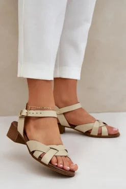 Damskie Zazoo Skórzane Sandały Na Delikatnym Obcasie 40372 Jasnobeżowe