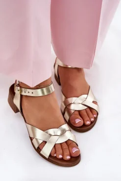 Damskie Zazoo Skórzane Sandały Na Delikatnym Obcasie 40372 Złote