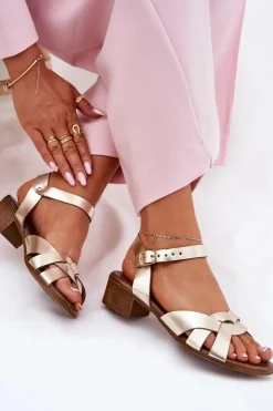 Damskie Zazoo Skórzane Sandały Na Delikatnym Obcasie 40372 Złote