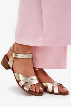 Damskie Zazoo Skórzane Sandały Na Delikatnym Obcasie 40372 Złote