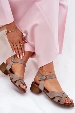 Sale Zazoo Skórzane Sandały Na Delikatnym Obcasie 40372 Ciemnobeżowe Beżowy