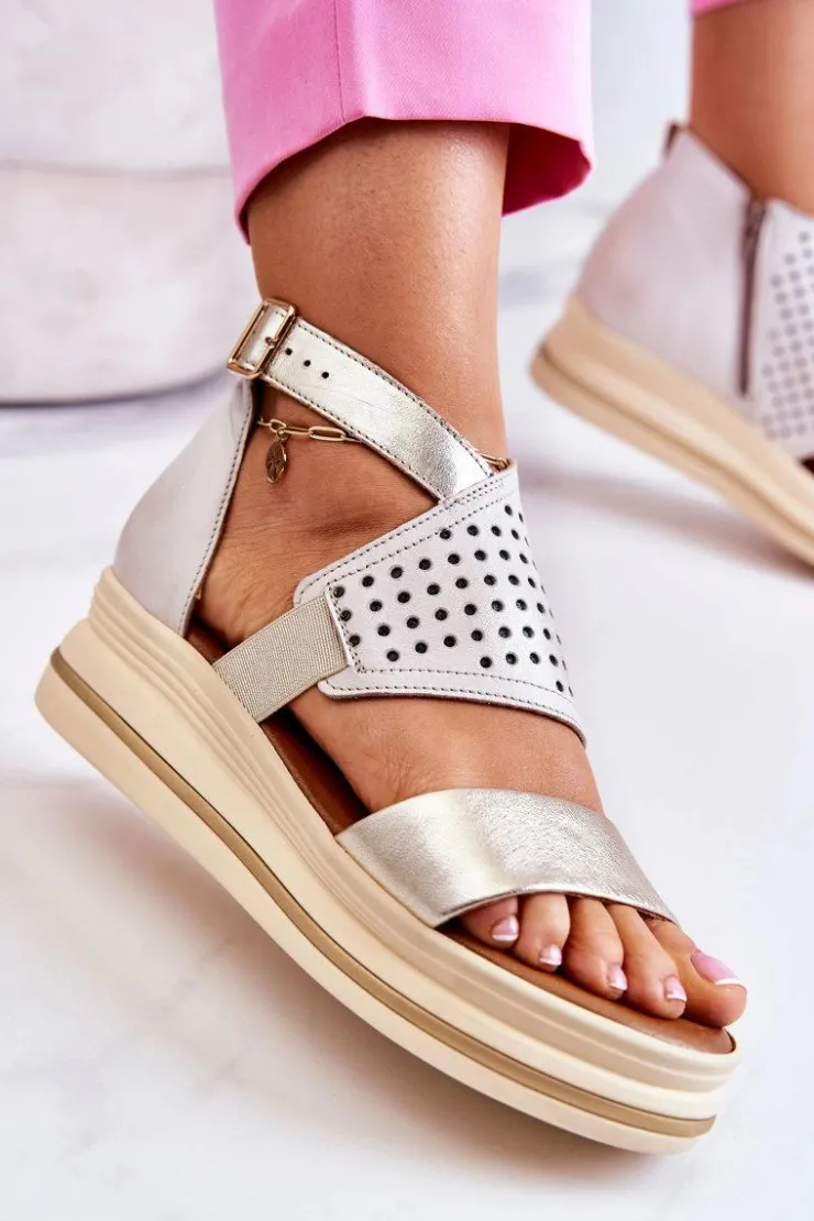 Damskie Maciejka Skórzane Sandały Na Koturnie 05356-25 Beżowo-Złote