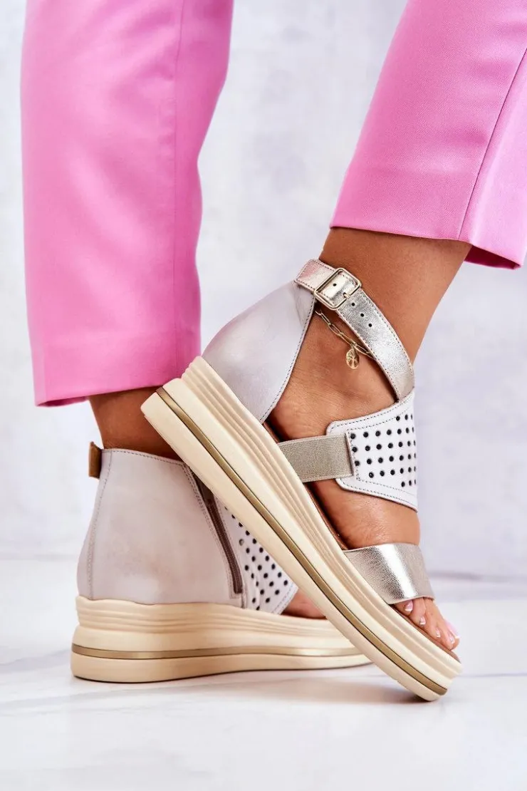 Damskie Maciejka Skórzane Sandały Na Koturnie 05356-25 Beżowo-Złote