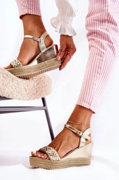 Discount Boto Skórzane Sandały Na Koturnie Złote Gabriela