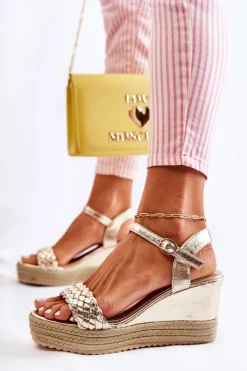 Discount Boto Skórzane Sandały Na Koturnie Złote Gabriela