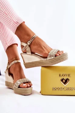 Discount Boto Skórzane Sandały Na Koturnie Złote Gabriela