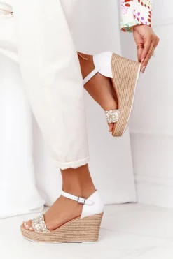 Maciejka Sandały Na Koturnie*Skórzane Sandały Na Koturnie L4869-11 Białe