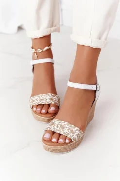 Maciejka Sandały Na Koturnie*Skórzane Sandały Na Koturnie L4869-11 Białe
