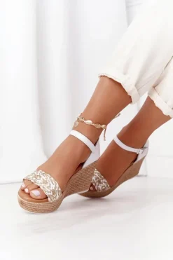 Maciejka Sandały Na Koturnie*Skórzane Sandały Na Koturnie L4869-11 Białe