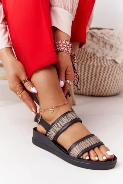 Damskie Laura Messi Skórzane Sandały Na Koturnie 2232 Czarne