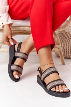 Damskie Laura Messi Skórzane Sandały Na Koturnie 2232 Czarne