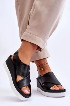 Damskie Zazoo Skórzane Sandały Na Koturnie Czarne Morgan