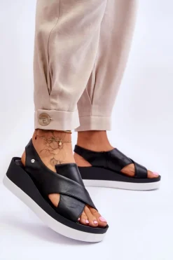 Damskie Zazoo Skórzane Sandały Na Koturnie Czarne Morgan