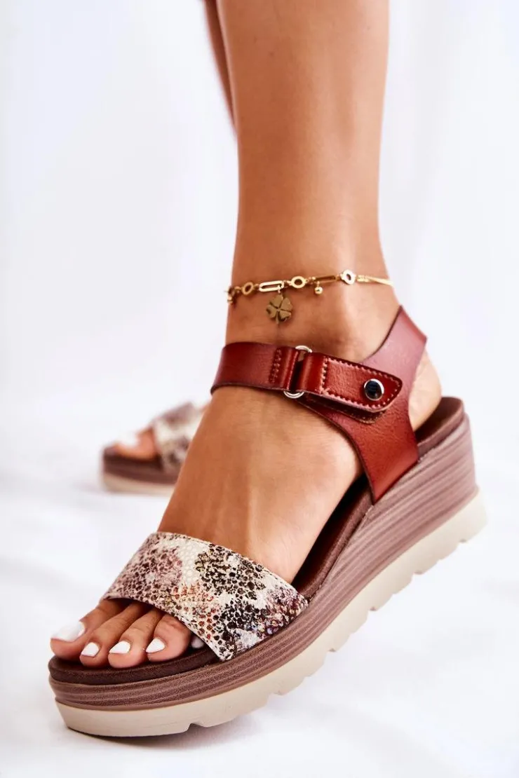 Damskie Damskie buty S.Barski Skórzane Sandały Na Koturnie Brązowe Josella