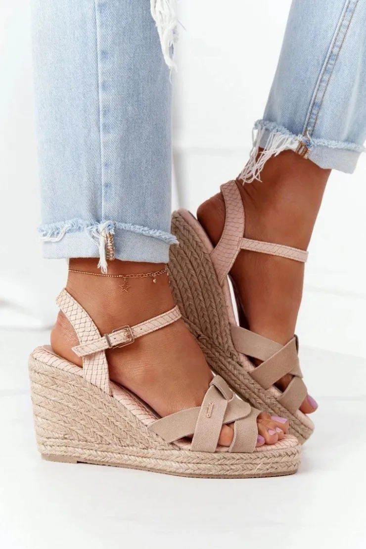 Sale Big Star Shoes Skórzane Sandały Na Koturnie Big Star HH274380 Beżowe