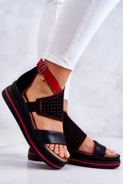 Maciejka Sandały Na Koturnie*Skórzane Sandały Na Koturnie 05356-01 Czarno-Czerwone