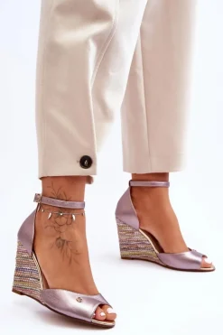 Sale Laura Messi Skórzane Sandały Na Koturnie 2603/783 Srebrne