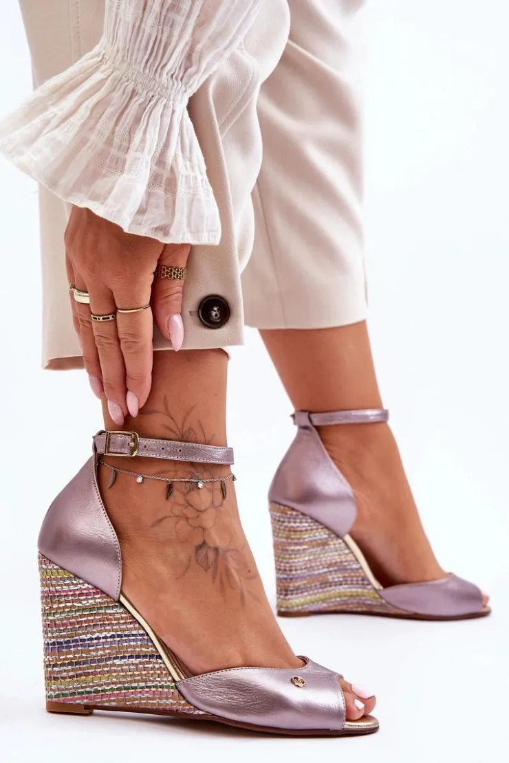 Sale Laura Messi Skórzane Sandały Na Koturnie 2603/783 Srebrne