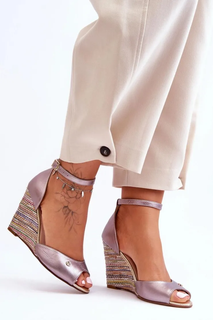 Sale Laura Messi Skórzane Sandały Na Koturnie 2603/783 Srebrne