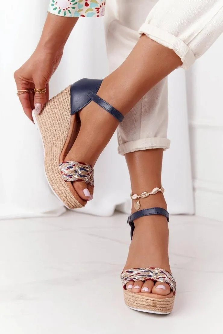 Damskie Maciejka Skórzane Sandały Na Koturnie L4869-17 Granatowe