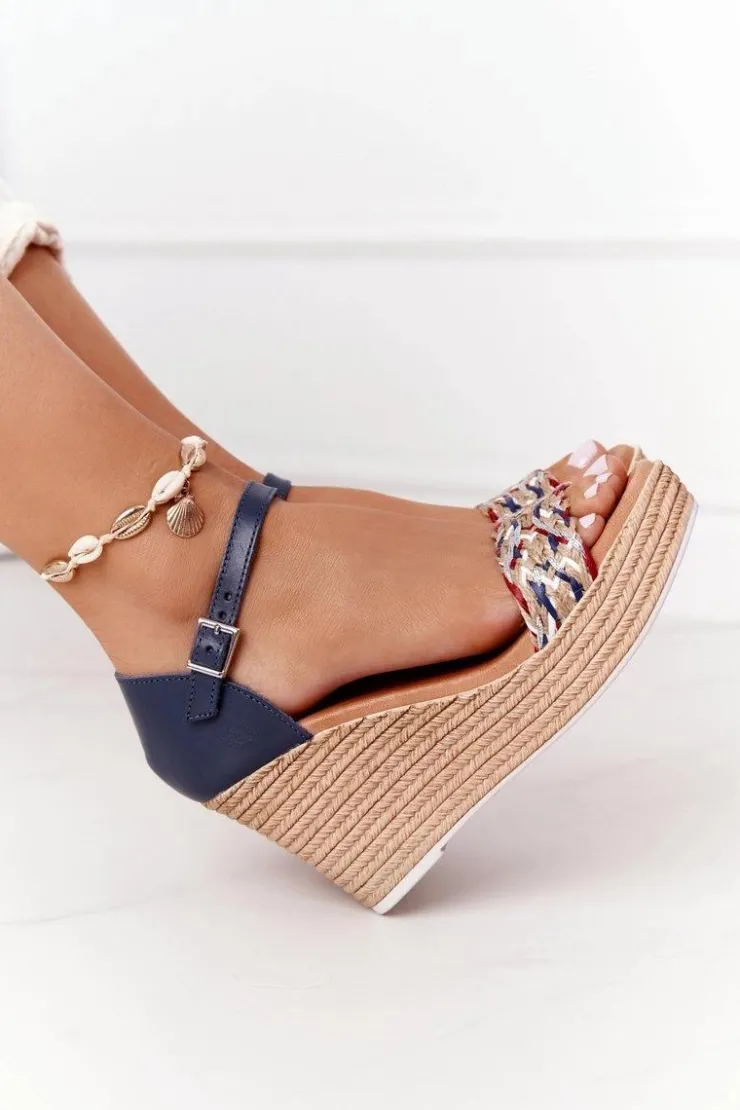 Damskie Maciejka Skórzane Sandały Na Koturnie L4869-17 Granatowe