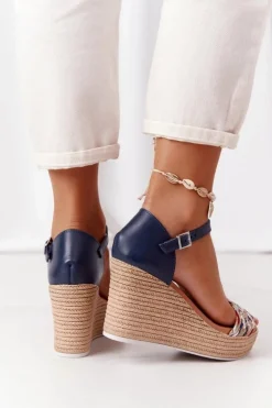 Damskie Maciejka Skórzane Sandały Na Koturnie L4869-17 Granatowe