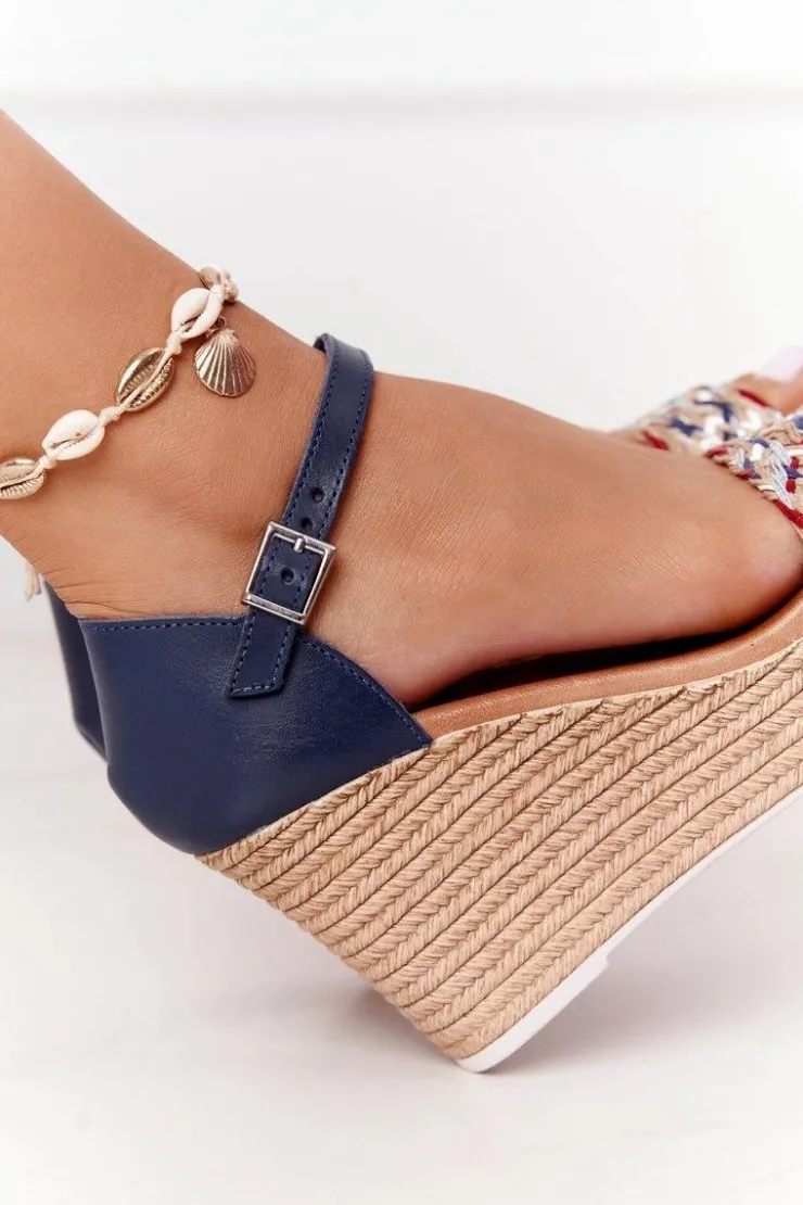 Damskie Maciejka Skórzane Sandały Na Koturnie L4869-17 Granatowe