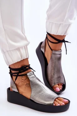 Damskie Zazoo Skórzane Sandały Na Koturnie Nicole 2743/063 Srebrno-Czarne