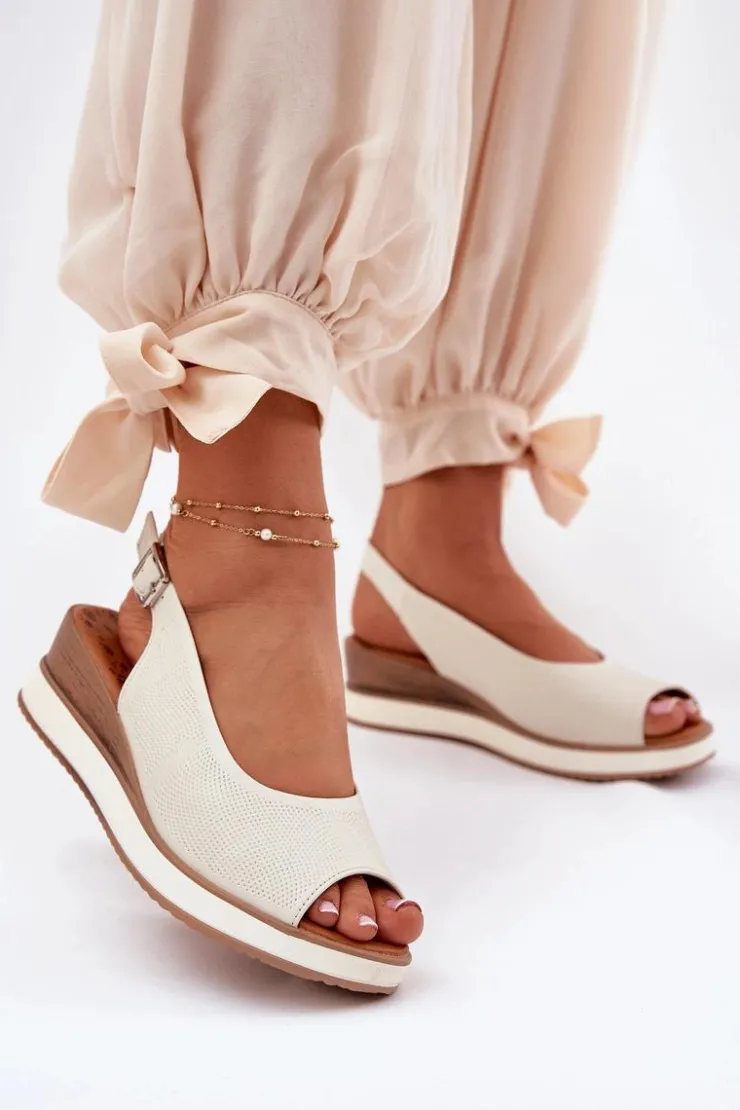 Damskie Artiker Skórzane Sandały Na Koturnie 56C2316 Jasnobeżowe