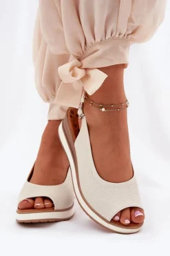 Damskie Artiker Skórzane Sandały Na Koturnie 56C2316 Jasnobeżowe