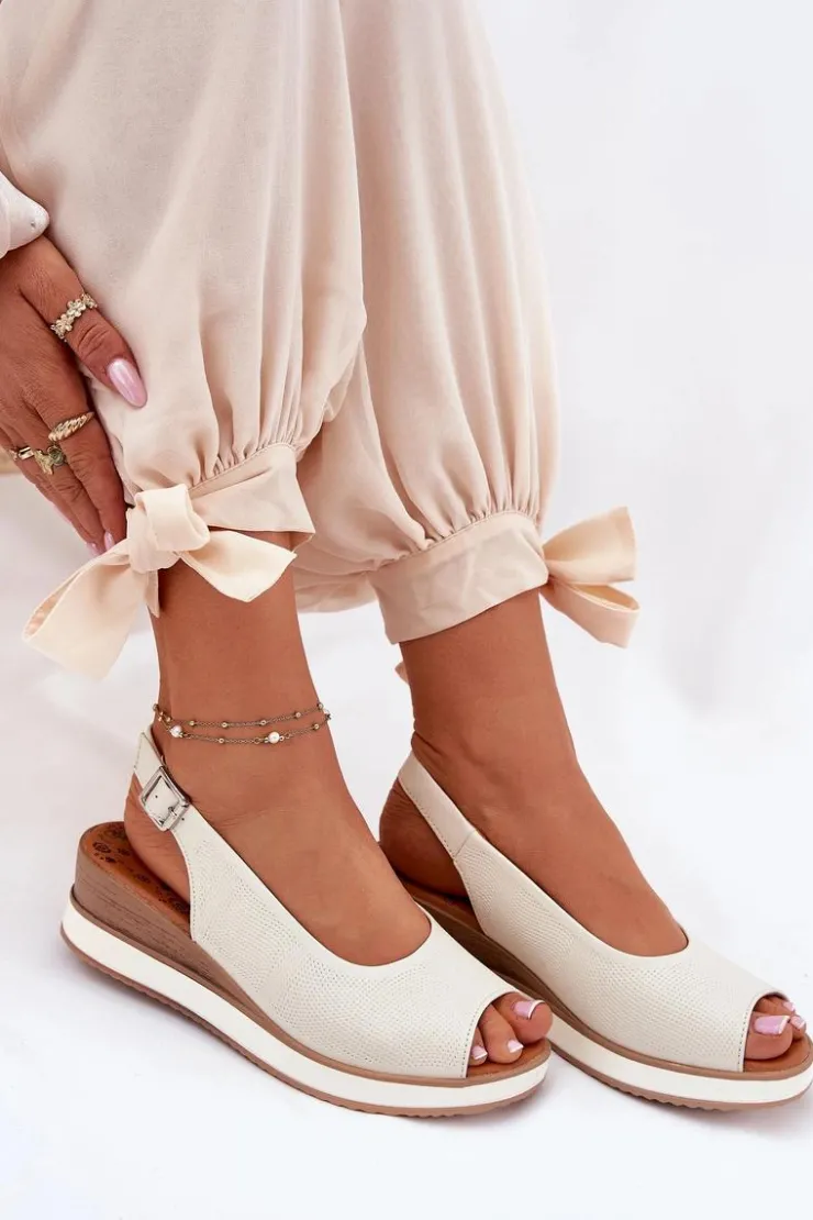 Damskie Artiker Skórzane Sandały Na Koturnie 56C2316 Jasnobeżowe