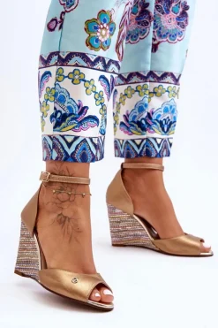 Laura Messi Sandały Na Obcasie|Sandały Na Koturnie*Skórzane Sandały Na Koturnie 2603/784 Złote