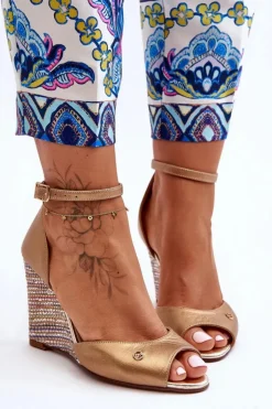 Laura Messi Sandały Na Obcasie|Sandały Na Koturnie*Skórzane Sandały Na Koturnie 2603/784 Złote