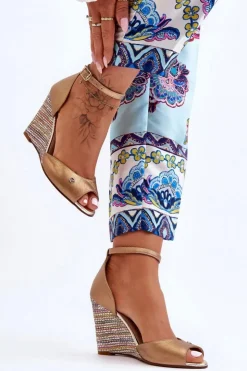 Laura Messi Sandały Na Obcasie|Sandały Na Koturnie*Skórzane Sandały Na Koturnie 2603/784 Złote