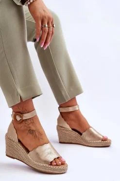 Evento Sandały Na Obcasie|Sandały Na Koturnie*Skórzane Sandały Na Koturnie Comfort Shoe Złote Verola