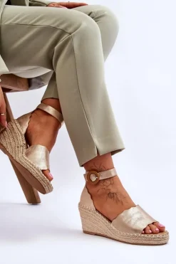 Evento Sandały Na Obcasie|Sandały Na Koturnie*Skórzane Sandały Na Koturnie Comfort Shoe Złote Verola