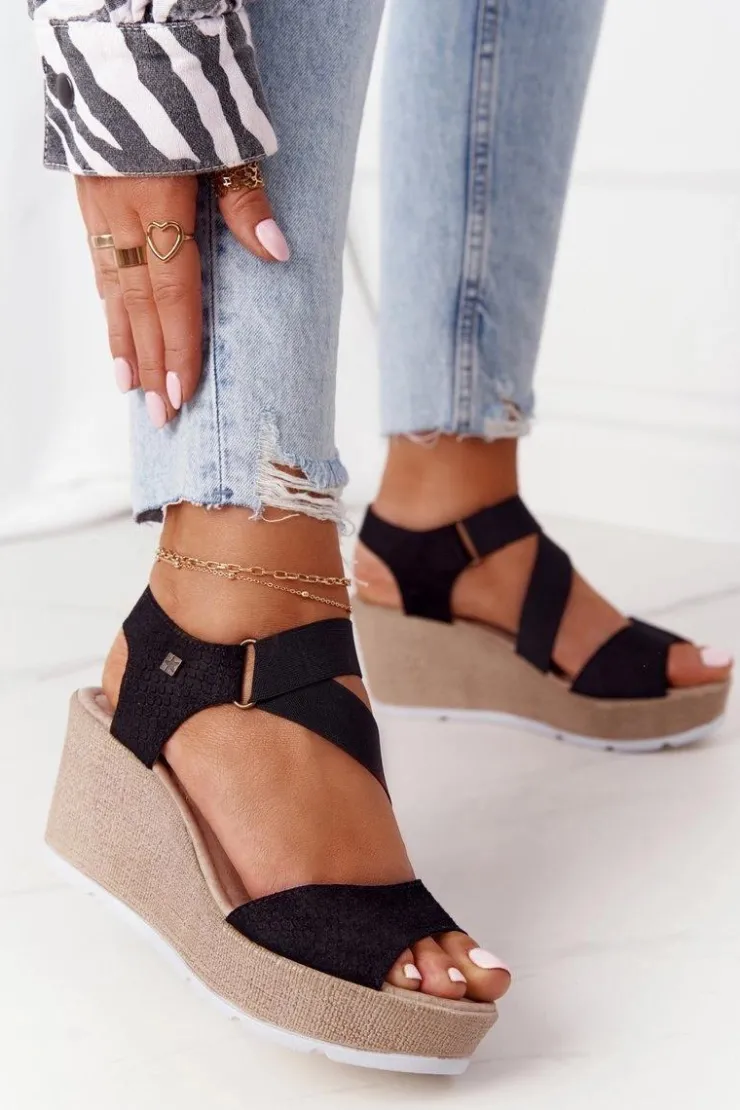 Best Big Star Shoes Skórzane Sandały Na Koturnie Big Star FF276016 Czarne