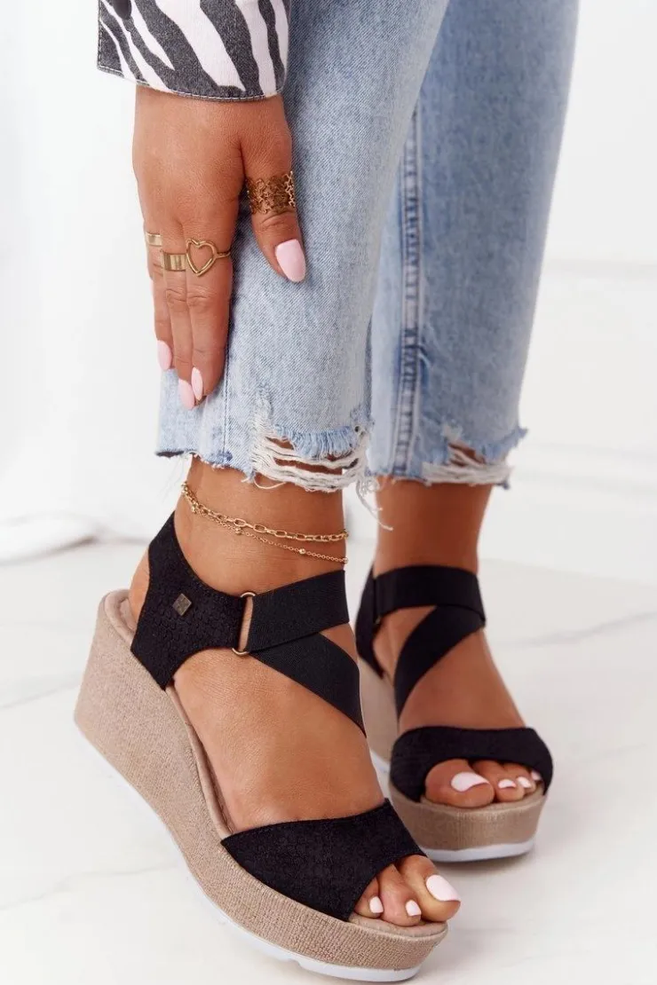 Best Big Star Shoes Skórzane Sandały Na Koturnie Big Star FF276016 Czarne