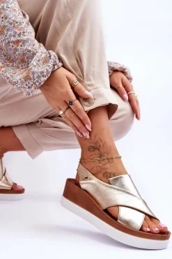 Zazoo Sandały Na Obcasie|Sandały Na Koturnie*Skórzane Sandały Na Koturnie Złote Morgan Złoty