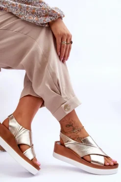 Zazoo Sandały Na Obcasie|Sandały Na Koturnie*Skórzane Sandały Na Koturnie Złote Morgan Złoty