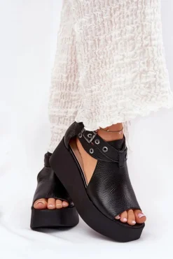 Zazoo Sandały Z Cholewką|Sandały Na Obcasie*Skórzane Sandały Na Koturnie 1732 Czarne