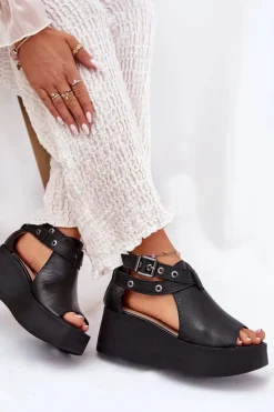 Zazoo Sandały Z Cholewką|Sandały Na Obcasie*Skórzane Sandały Na Koturnie 1732 Czarne