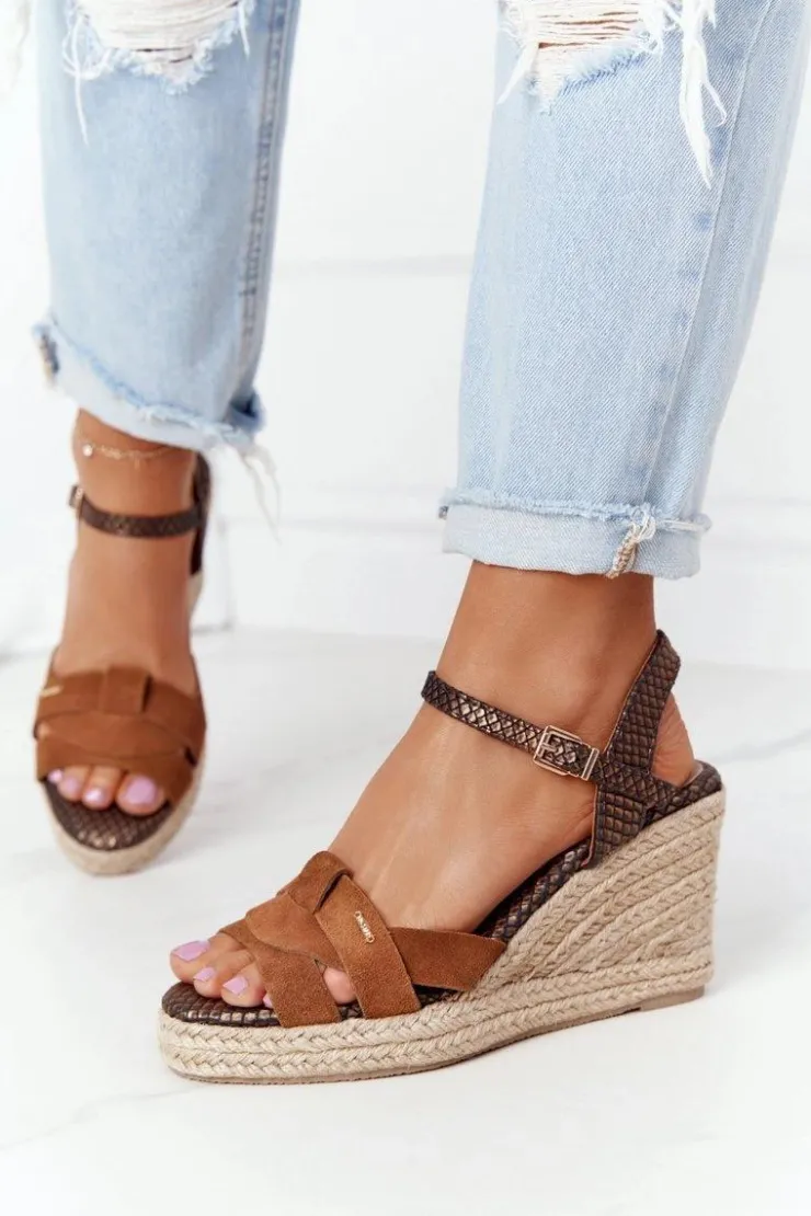 Damskie Big Star Shoes Skórzane Sandały Na Koturnie Big Star HH274377 Brązowe