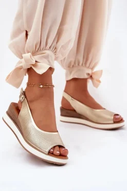 Clearance Artiker Skórzane Sandały Na Koturnie 56C2312 Złote Złoty