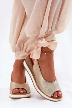 Clearance Artiker Skórzane Sandały Na Koturnie 56C2312 Złote Złoty