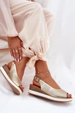 Clearance Artiker Skórzane Sandały Na Koturnie 56C2312 Złote Złoty